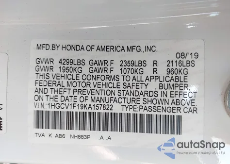 2019 Honda Accord Lx from USA, damaged, VIN 1HGCV1F19KA157822